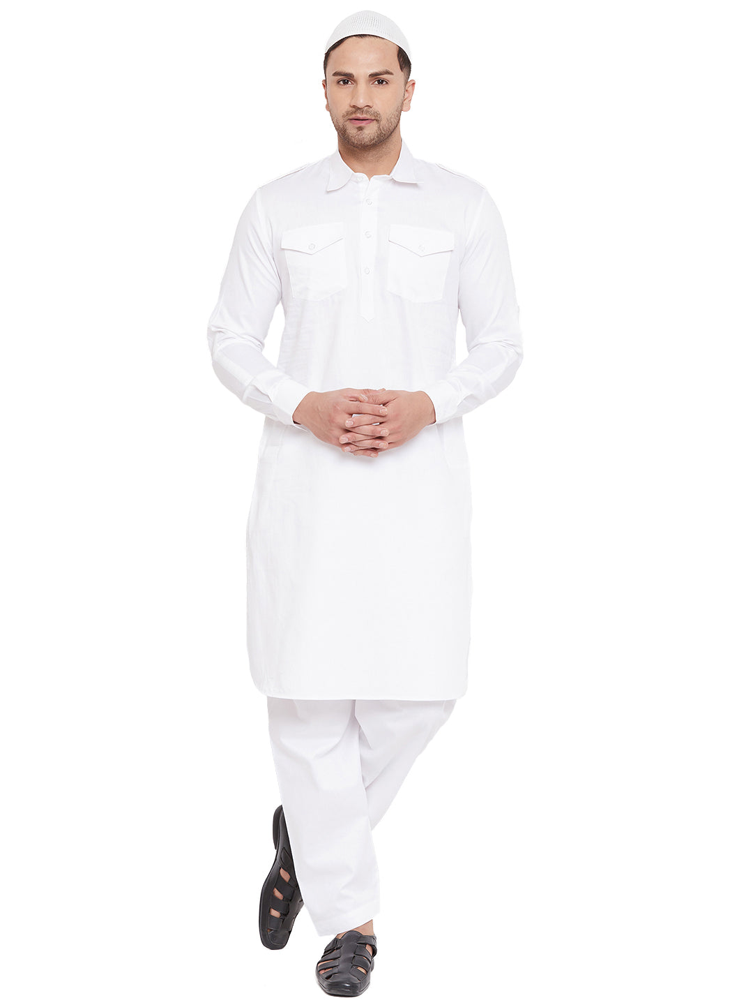 Vastramay Men's White Cotton Blend Pathani Kurta Set - Distacart