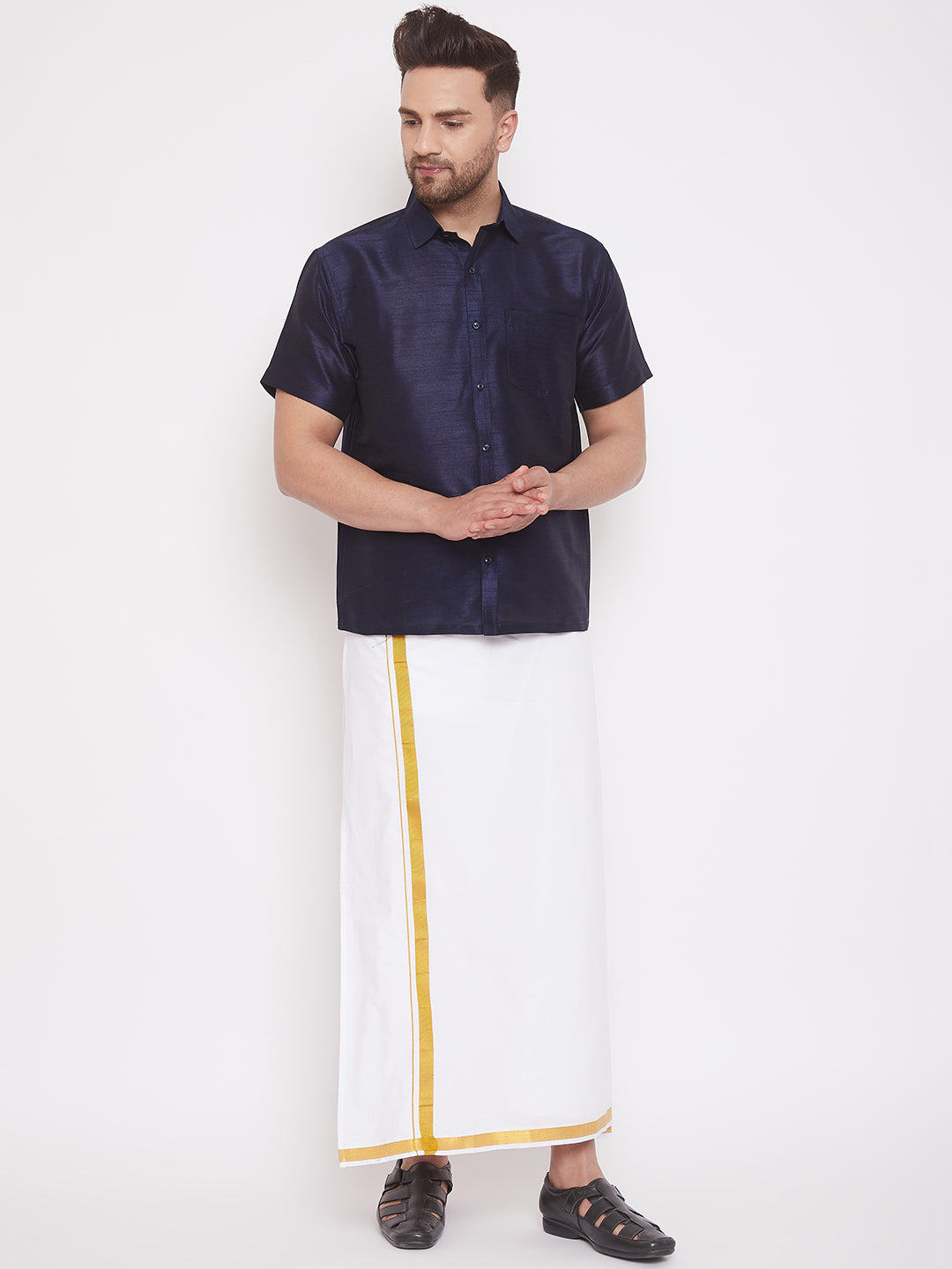 Vastramay Men's Navy Blue and White Silk Blend Shirt And Mundu - Distacart