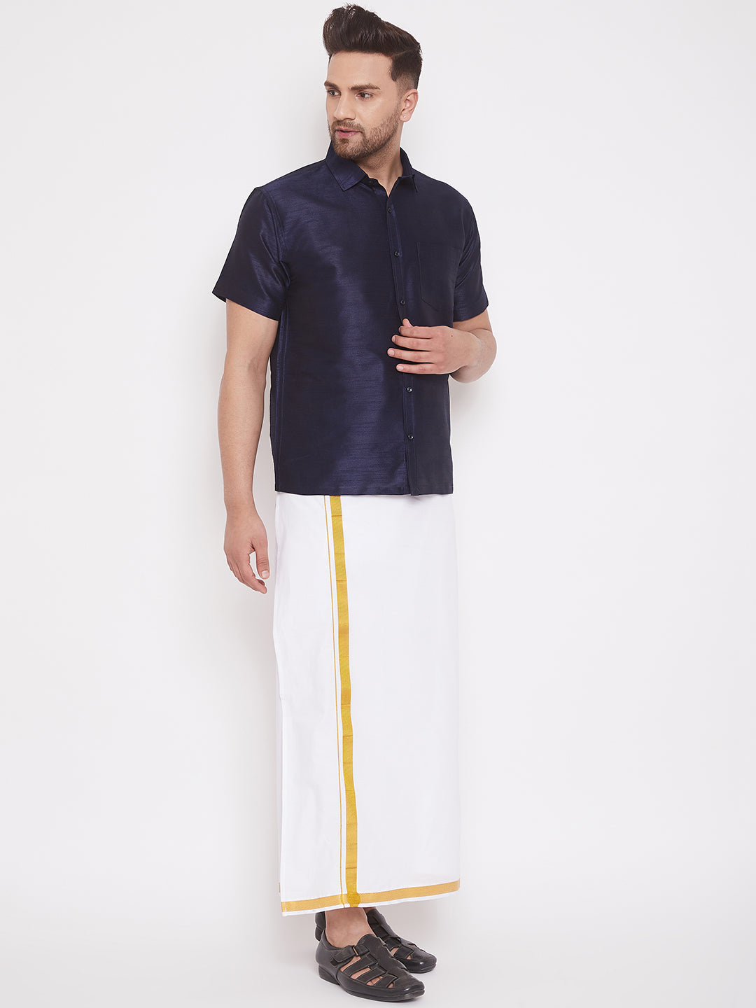 Vastramay Men's Navy Blue and White Silk Blend Shirt And Mundu - Distacart