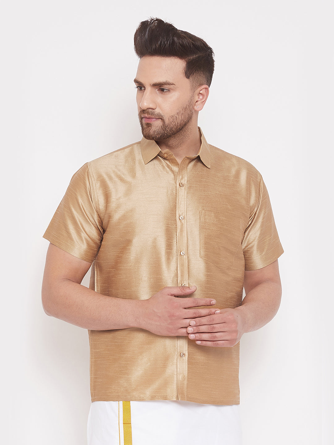 Vastramay Men's Rose Gold Silk Blend Ethnic Shirt - Distacart