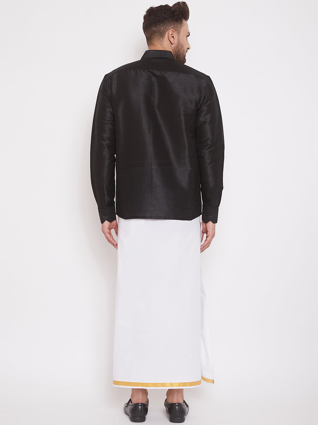 Vastramay Men's Black and White Silk Blend Shirt And Mundu - Distacart