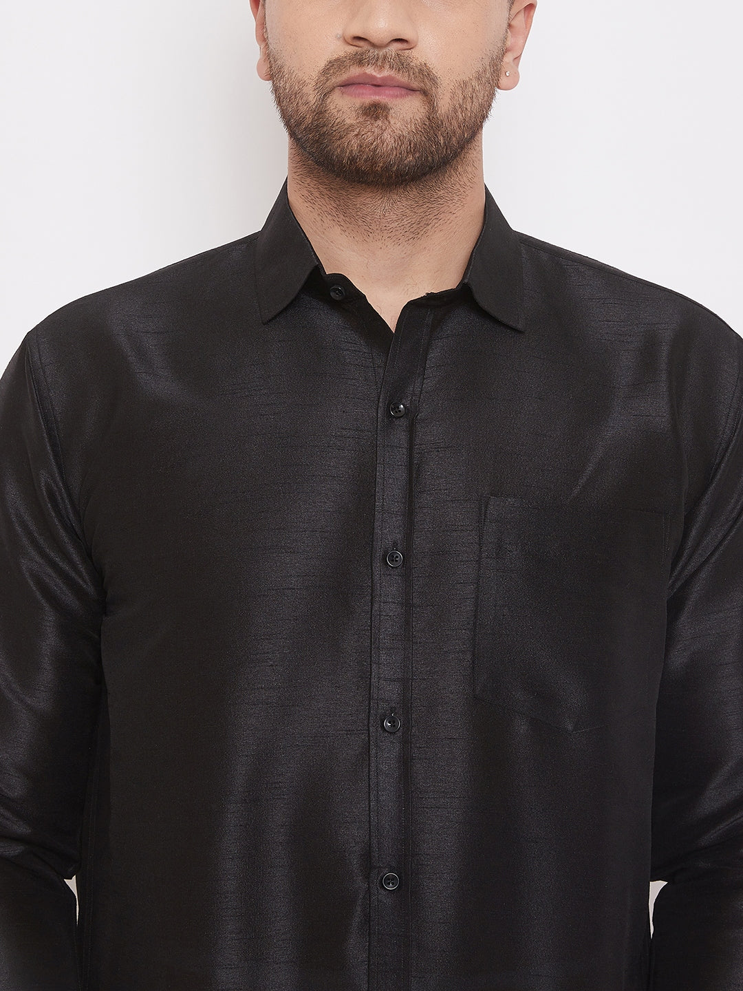 Vastramay Men's Black and White Silk Blend Shirt And Mundu - Distacart