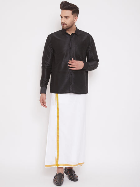 Vastramay Men's Black and White Silk Blend Shirt And Mundu - Distacart