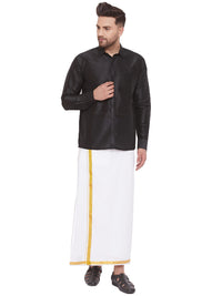 Thumbnail for Vastramay Men's Black and White Silk Blend Shirt And Mundu - Distacart