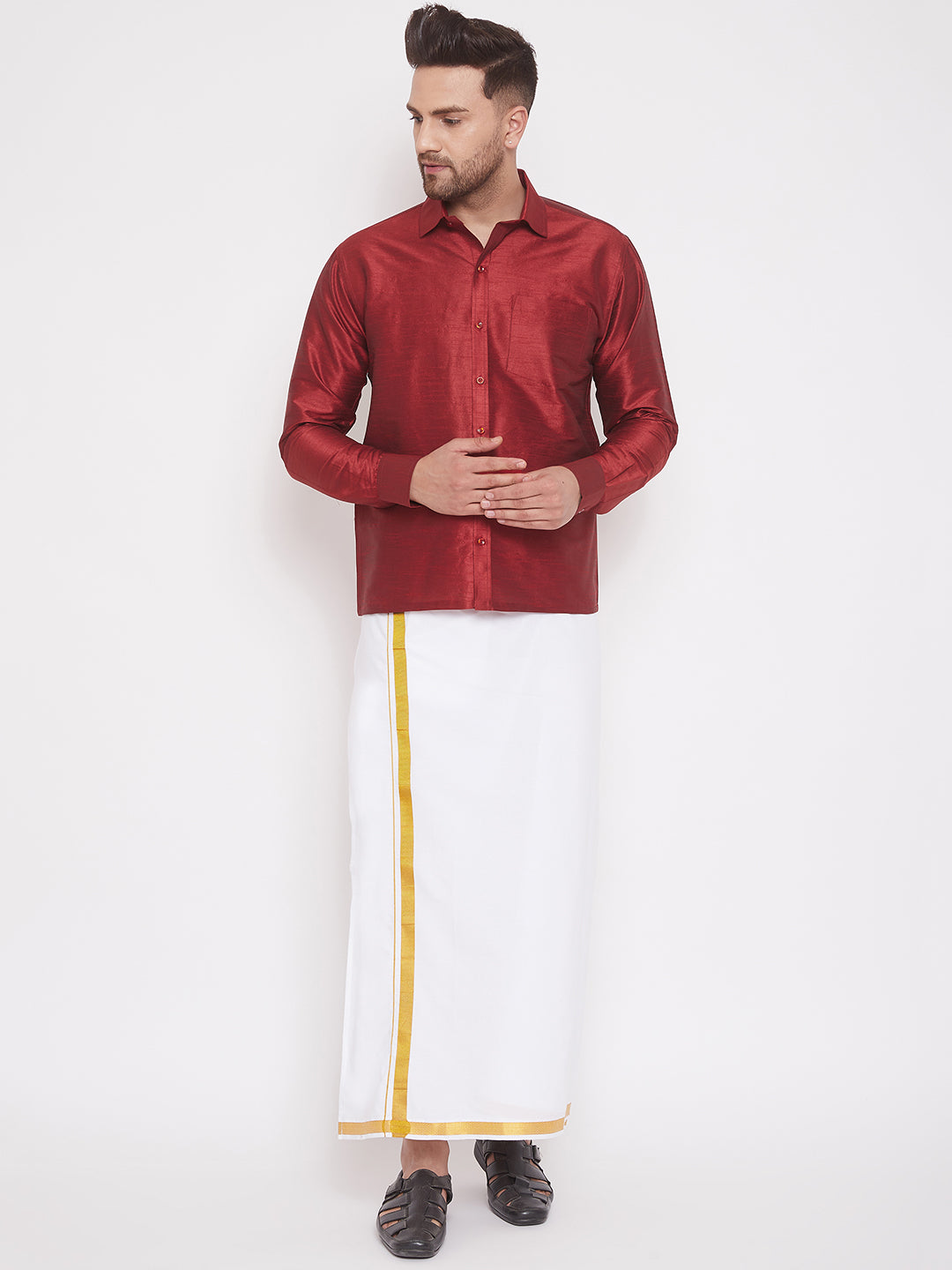 Vastramay Men's Maroon and White Silk Blend Shirt And Mundu - Distacart