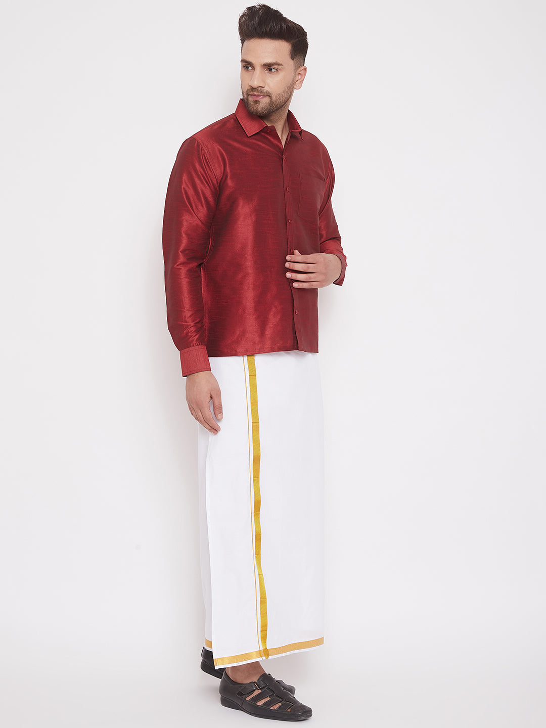 Vastramay Men's Maroon and White Silk Blend Shirt And Mundu - Distacart