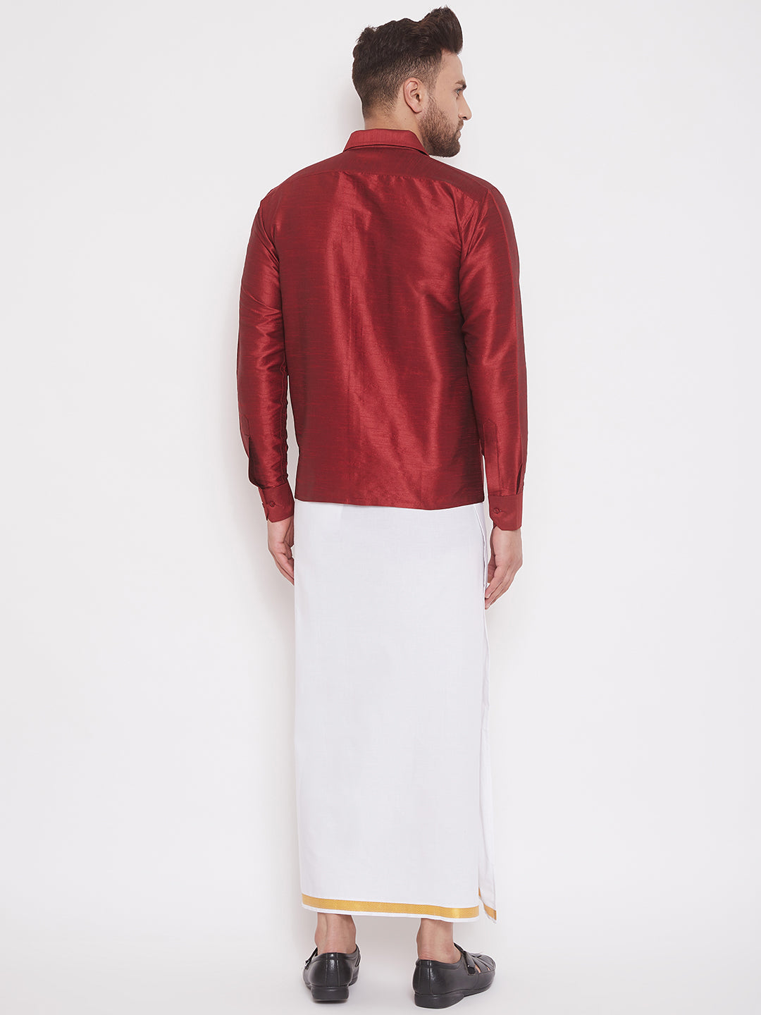 Vastramay Men's Maroon and White Silk Blend Shirt And Mundu - Distacart