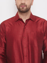 Thumbnail for Vastramay Men's Maroon and White Silk Blend Shirt And Mundu - Distacart