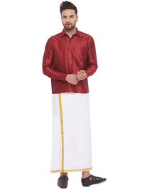 Thumbnail for Vastramay Men's Maroon and White Silk Blend Shirt And Mundu - Distacart