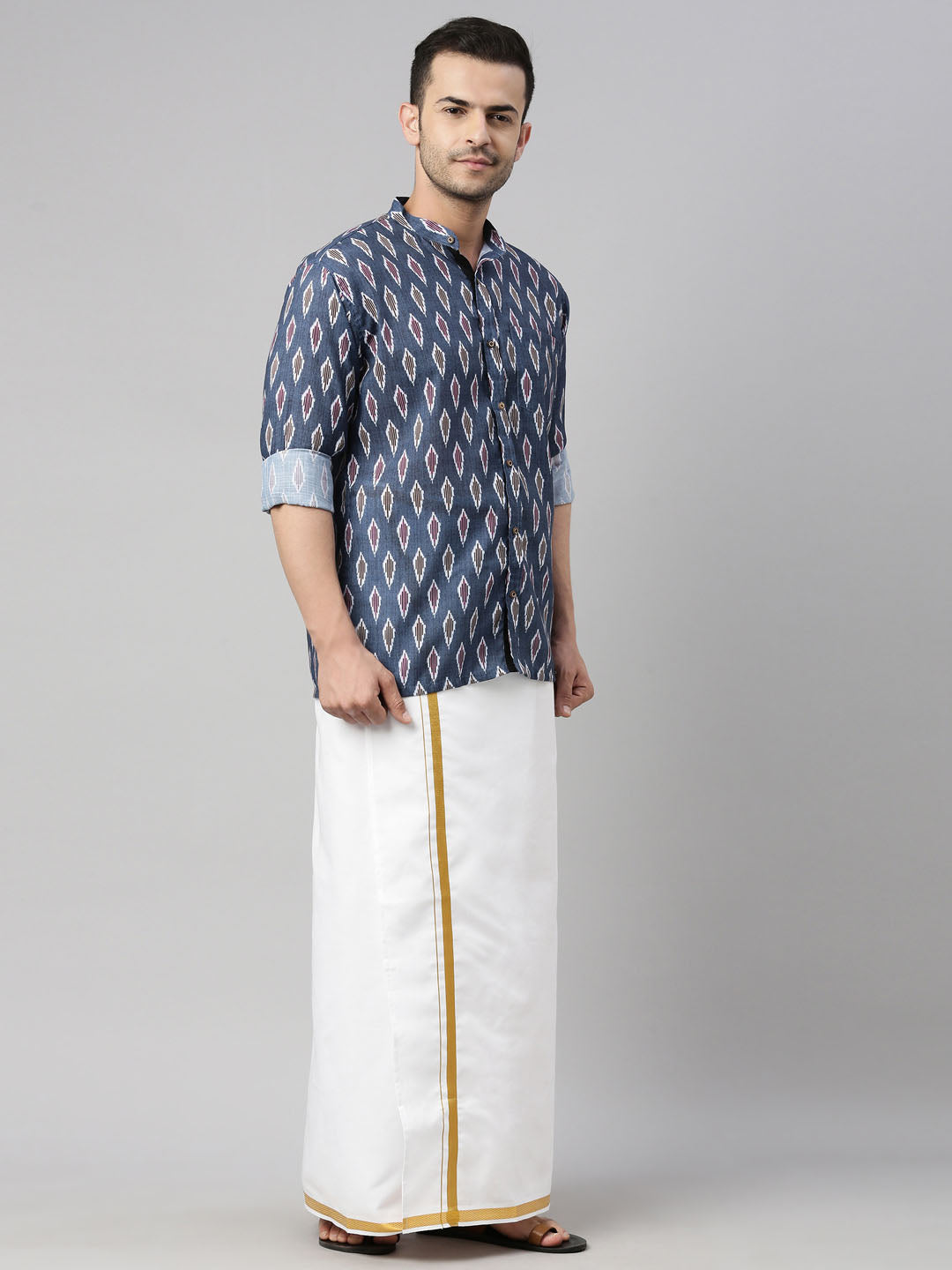 black shirt white lungi