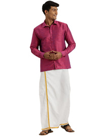 Thumbnail for Vastramay Men's Purple and White Raw Silk Shirt And Mundu - Distacart