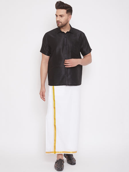 Vastramay Men's Black and White Silk Blend Shirt And Mundu - Distacart