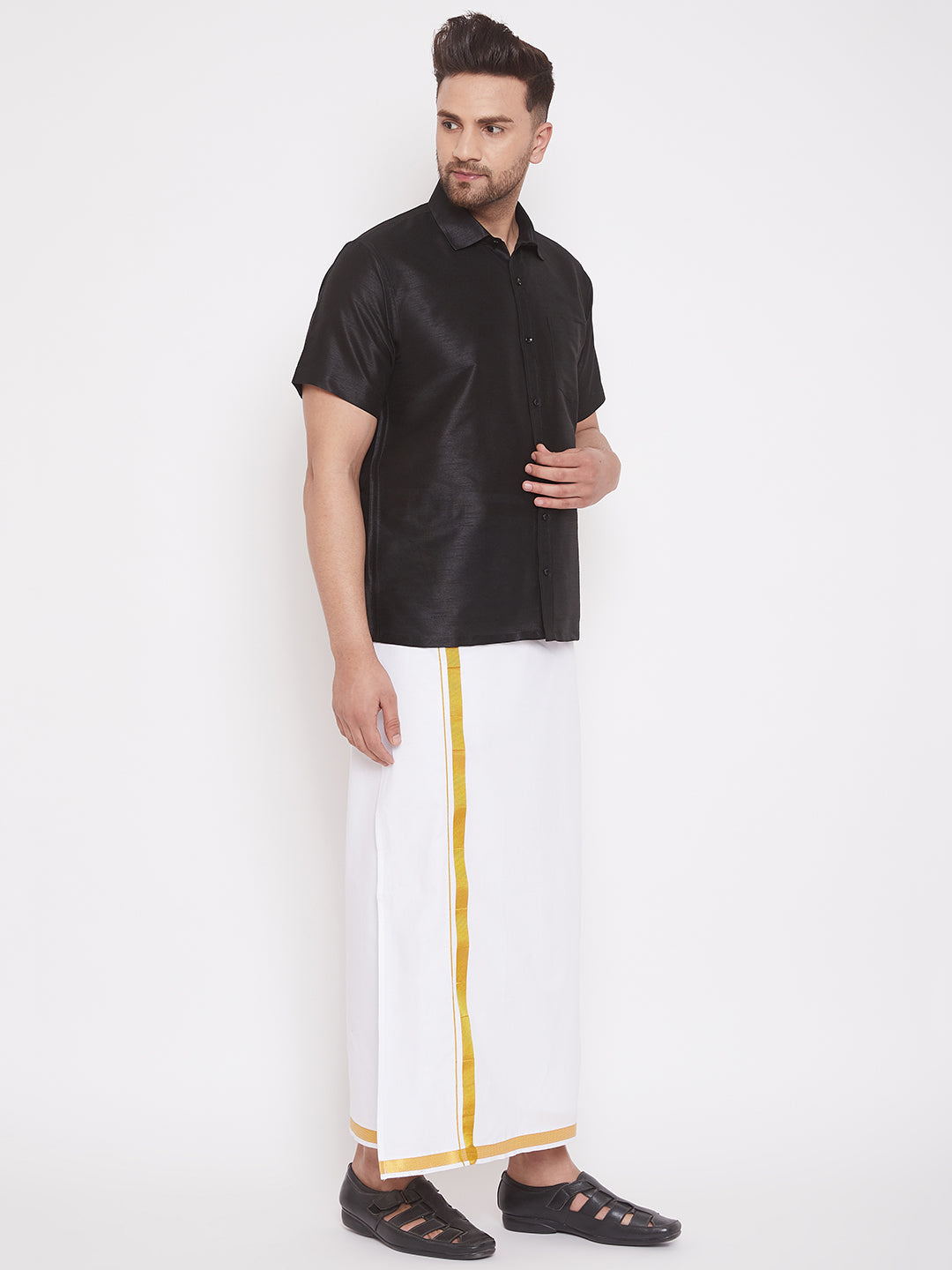 Vastramay Men's Black and White Silk Blend Shirt And Mundu - Distacart