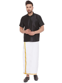 Thumbnail for Vastramay Men's Black and White Silk Blend Shirt And Mundu - Distacart