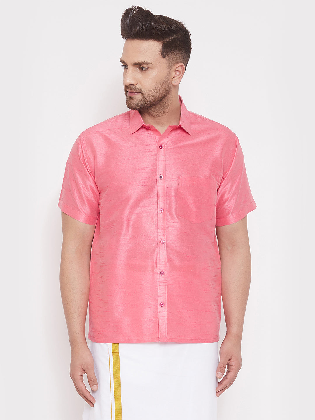 Vastramay Men's Pink Silk Blend Ethnic Shirt - Distacart