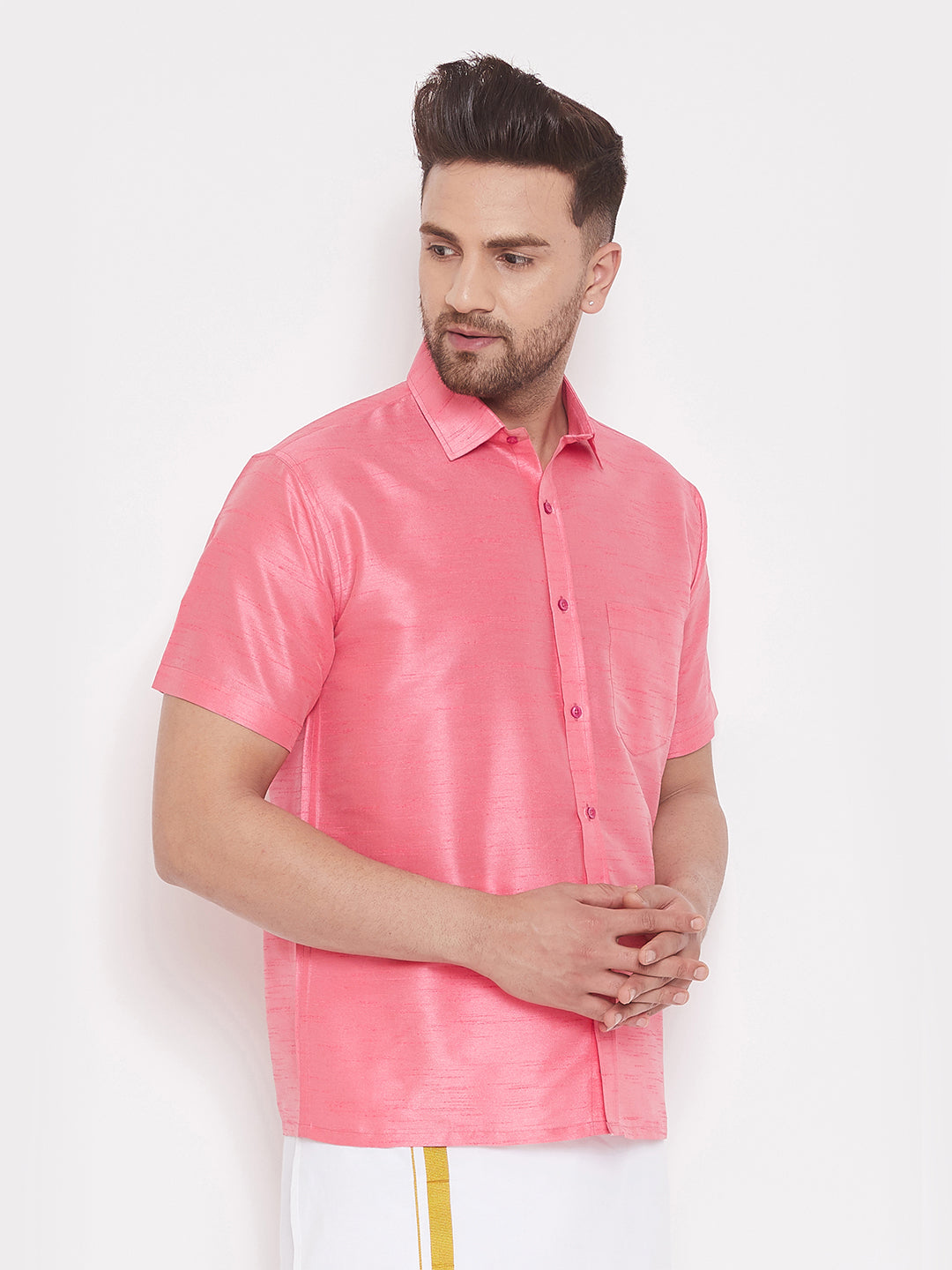 Vastramay Men's Pink Silk Blend Ethnic Shirt - Distacart