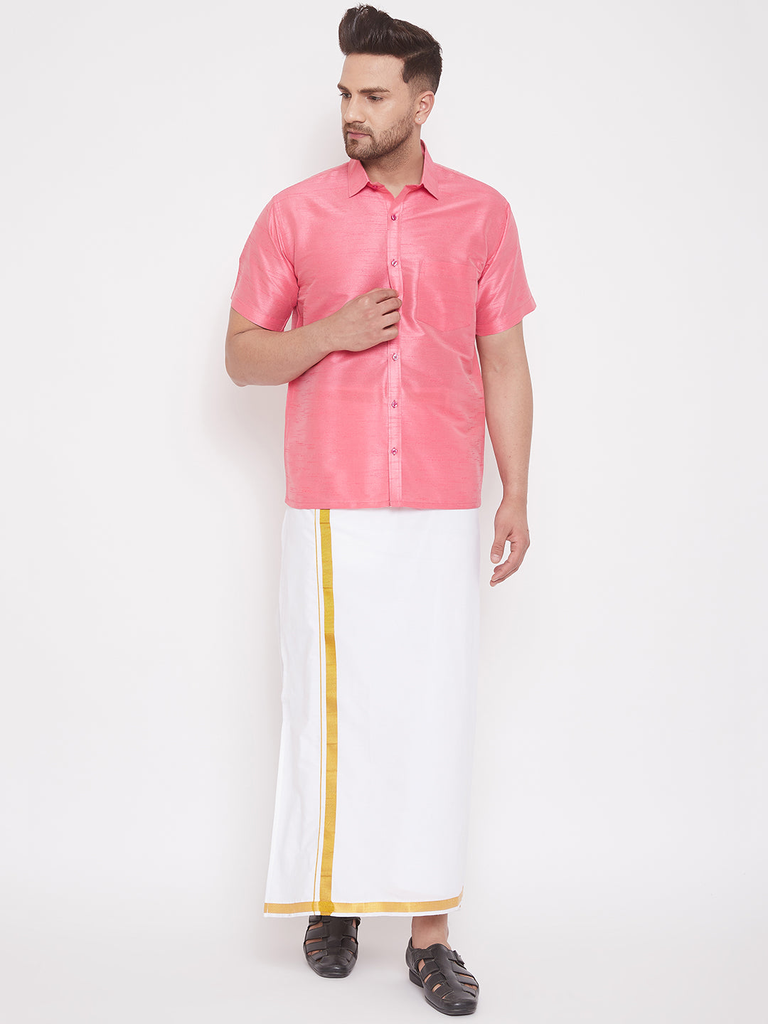 Vastramay Men's Pink Silk Blend Ethnic Shirt - Distacart