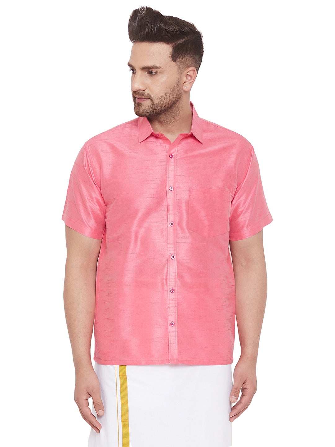 Vastramay Men's Pink Silk Blend Ethnic Shirt - Distacart