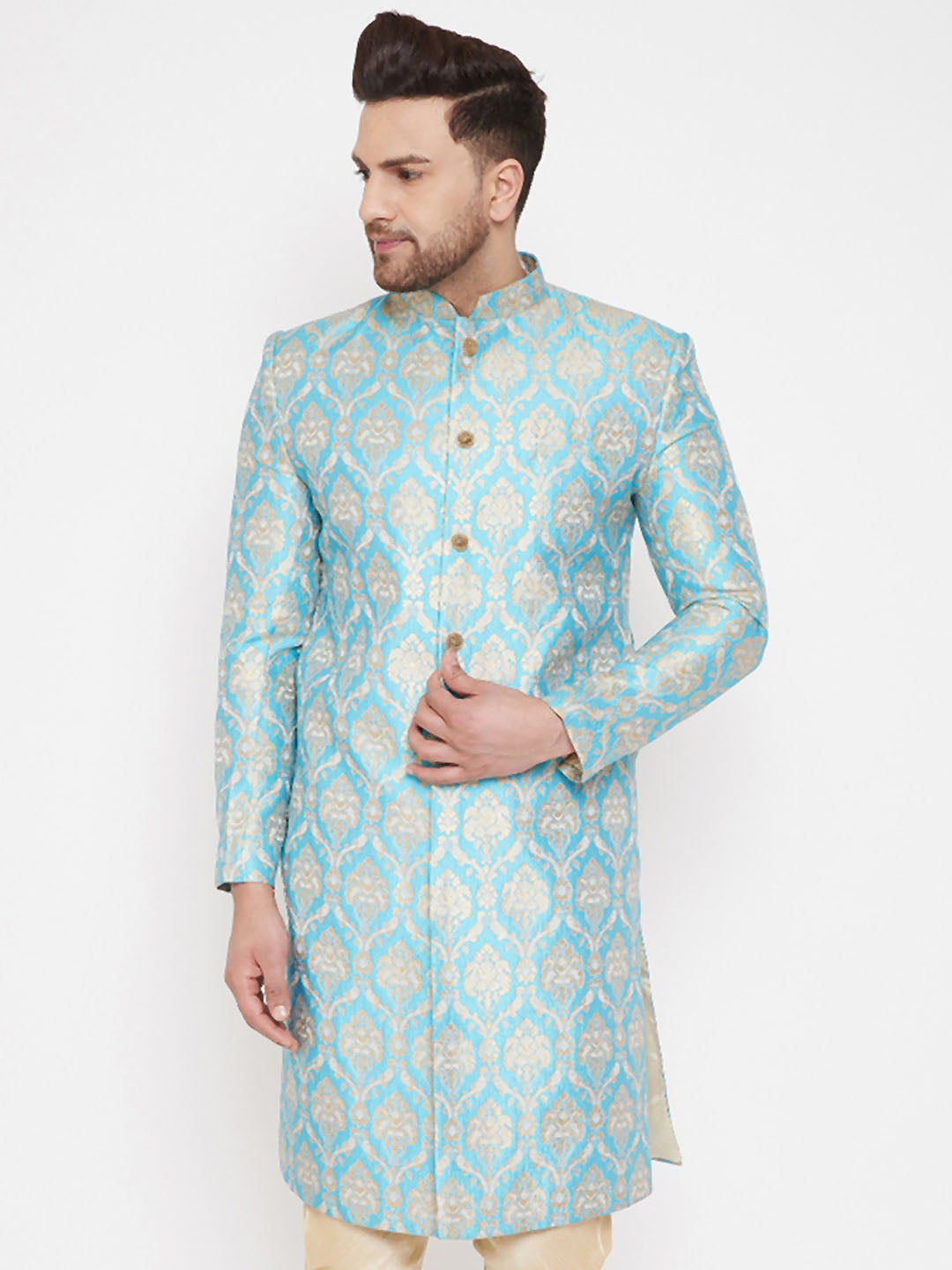 Vastramay Men's Aqua Silk Blend Sherwani Only Top - Distacart