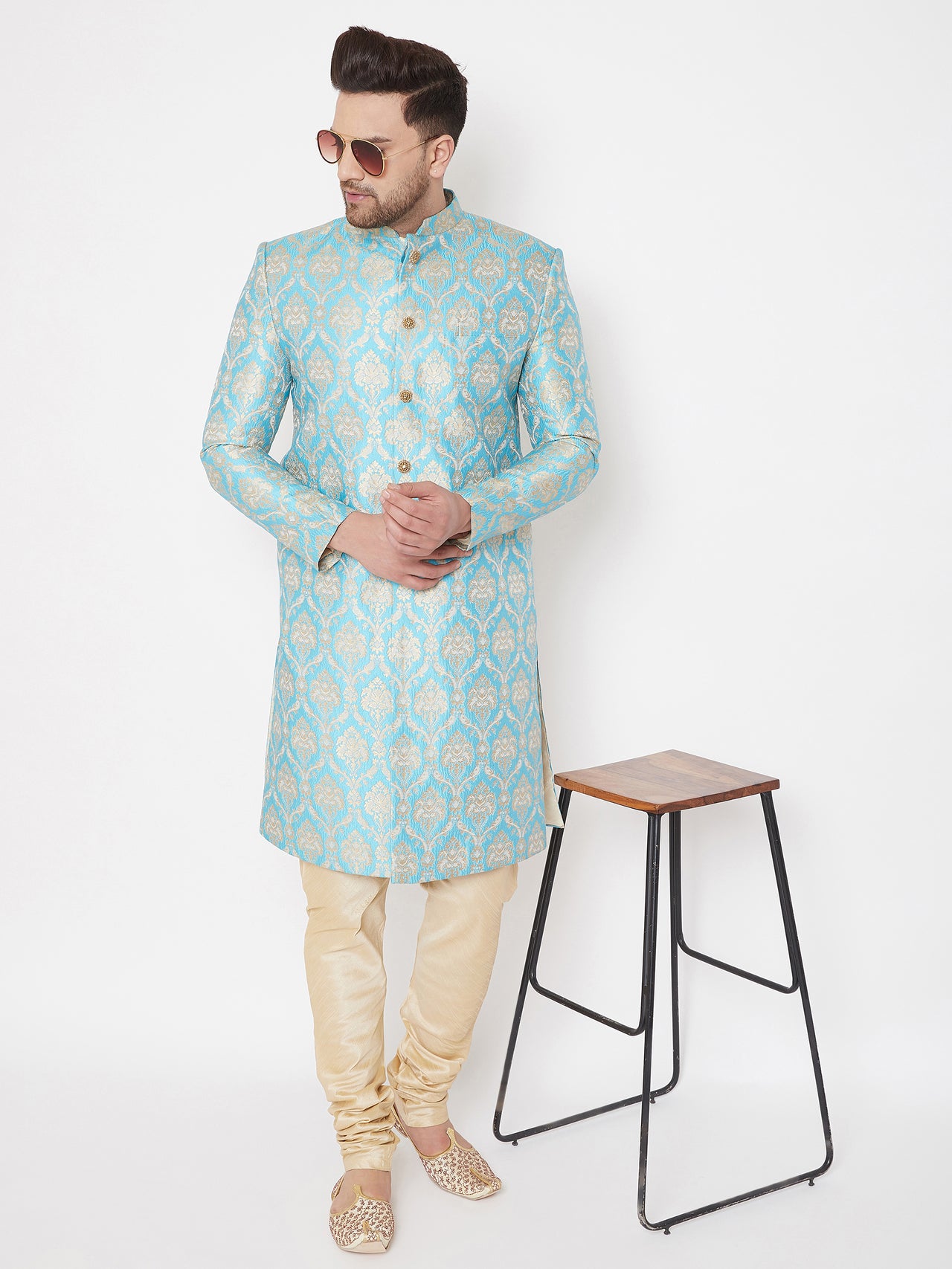 Vastramay Men's Aqua Silk Blend Sherwani Only Top - Distacart