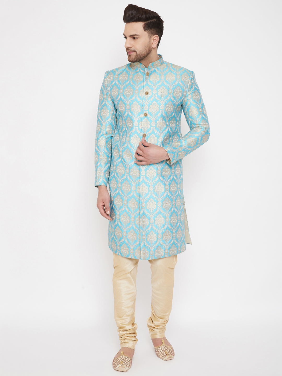 Vastramay Men's Aqua And Gold Silk Blend Sherwani Set - Distacart