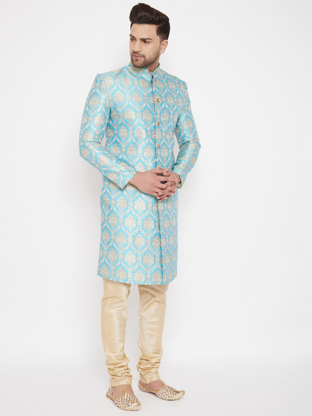 Vastramay Men's Aqua And Gold Silk Blend Sherwani Set - Distacart