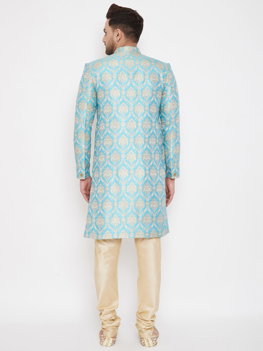 Vastramay Men's Aqua And Gold Silk Blend Sherwani Set - Distacart