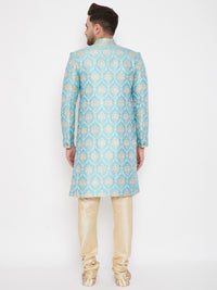 Thumbnail for Vastramay Men's Aqua And Gold Silk Blend Sherwani Set - Distacart