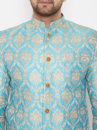 Thumbnail for Vastramay Men's Aqua And Gold Silk Blend Sherwani Set - Distacart