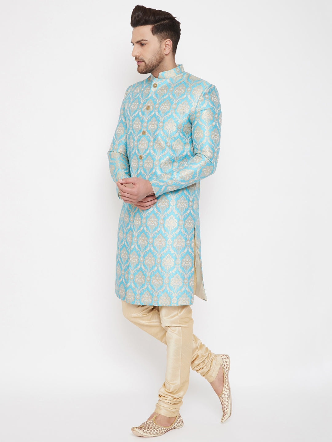 Vastramay Men's Aqua And Gold Silk Blend Sherwani Set - Distacart