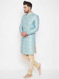 Thumbnail for Vastramay Men's Aqua And Gold Silk Blend Sherwani Set - Distacart