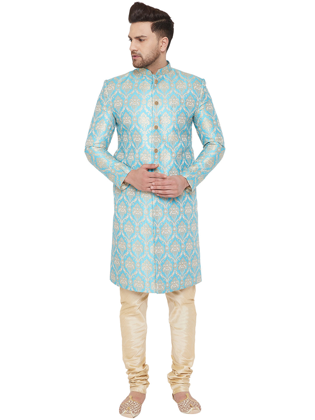 Vastramay Men's Aqua And Gold Silk Blend Sherwani Set - Distacart