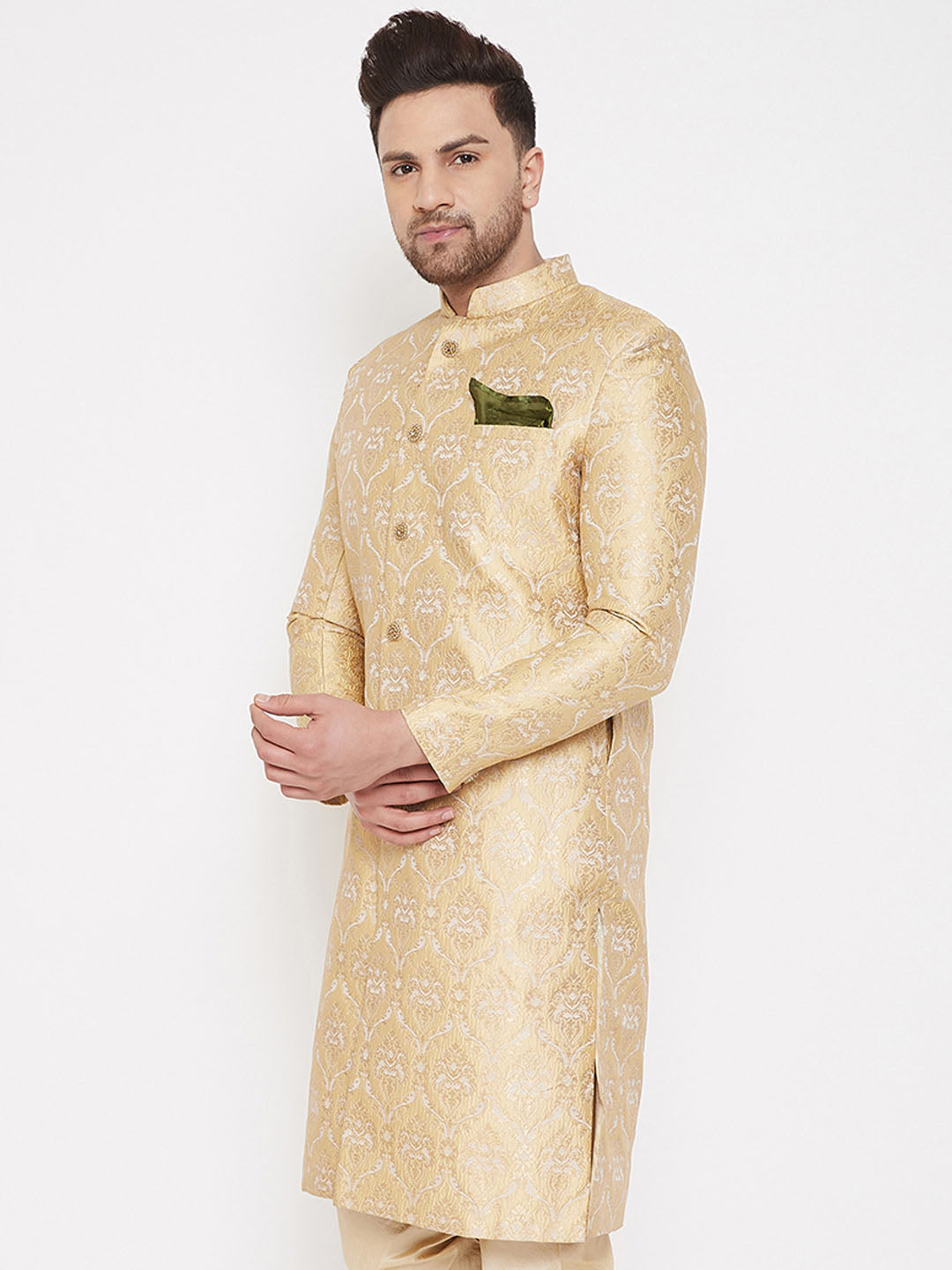 Vastramay Men's Gold Silk Blend Sherwani Only Top - Distacart