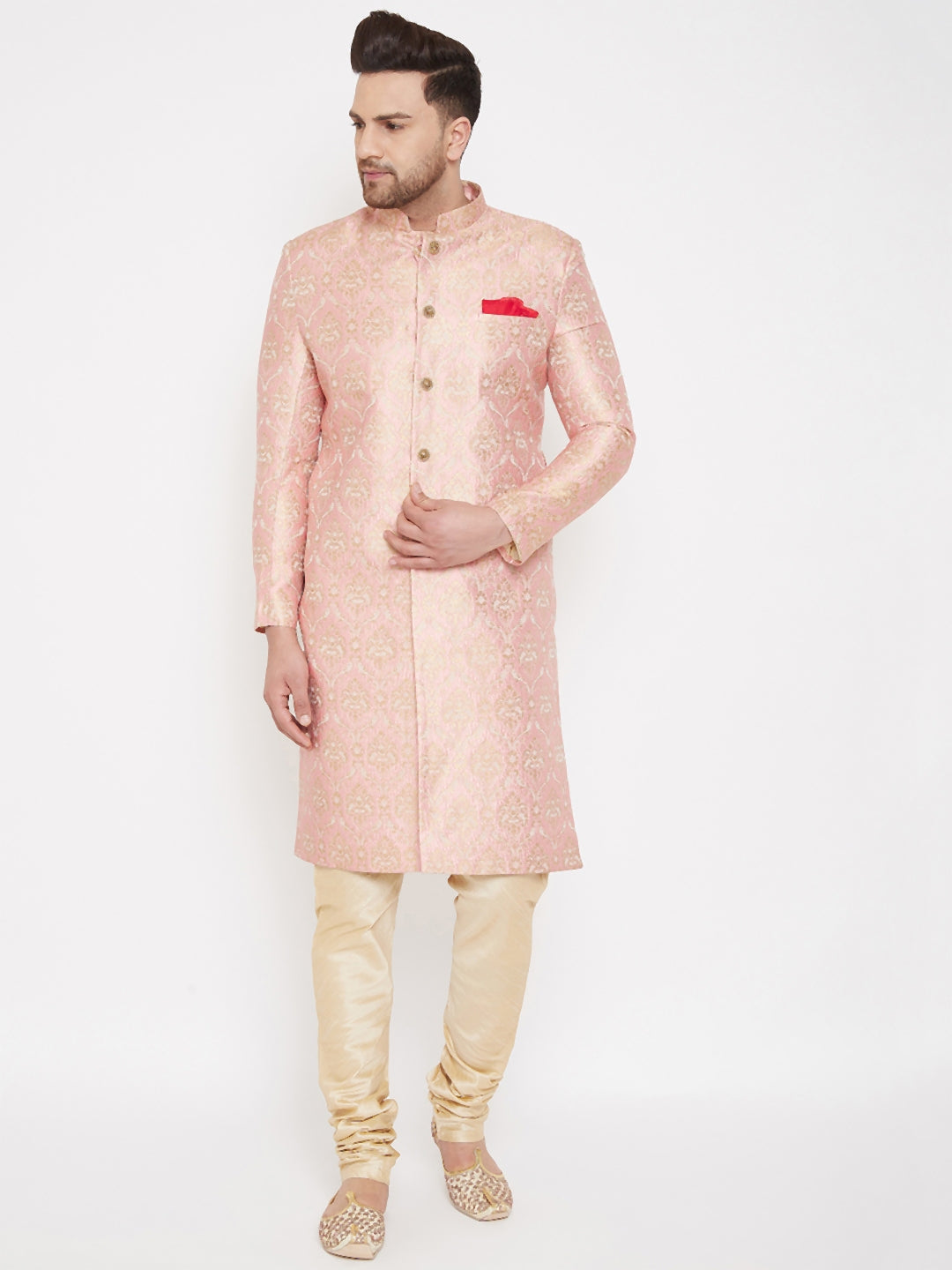 Vastramay Men's Pink And Gold Silk Blend Sherwani Set - Distacart