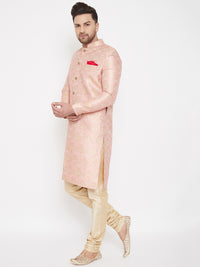 Thumbnail for Vastramay Men's Pink And Gold Silk Blend Sherwani Set - Distacart