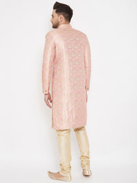 Thumbnail for Vastramay Men's Pink And Gold Silk Blend Sherwani Set - Distacart