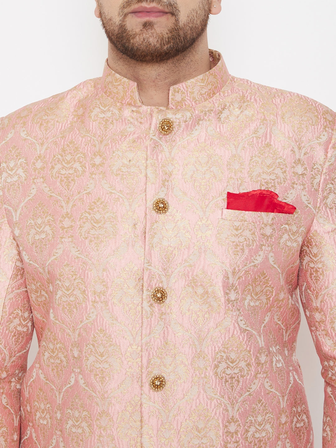 Vastramay Men's Pink And Gold Silk Blend Sherwani Set - Distacart