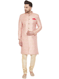 Thumbnail for Vastramay Men's Pink And Gold Silk Blend Sherwani Set - Distacart