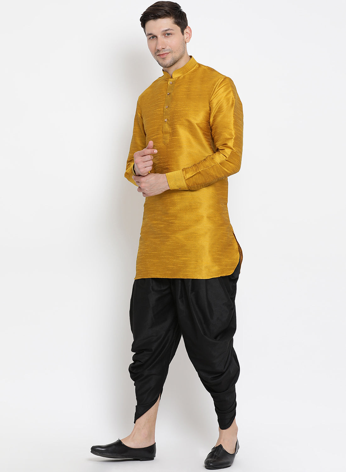 Vastramay Men's Gold Silk Blend Kurta and Dhoti Set - Distacart