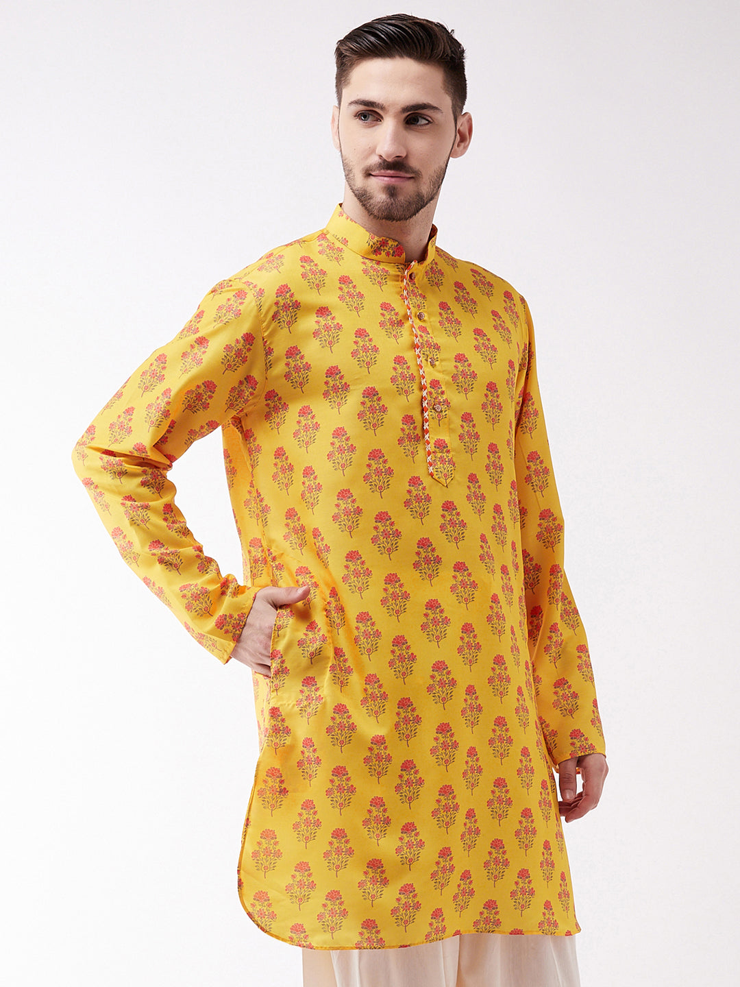 Vastramay Men's Multicolor-Base-Mustard Muslin Cotton Kurta - Distacart