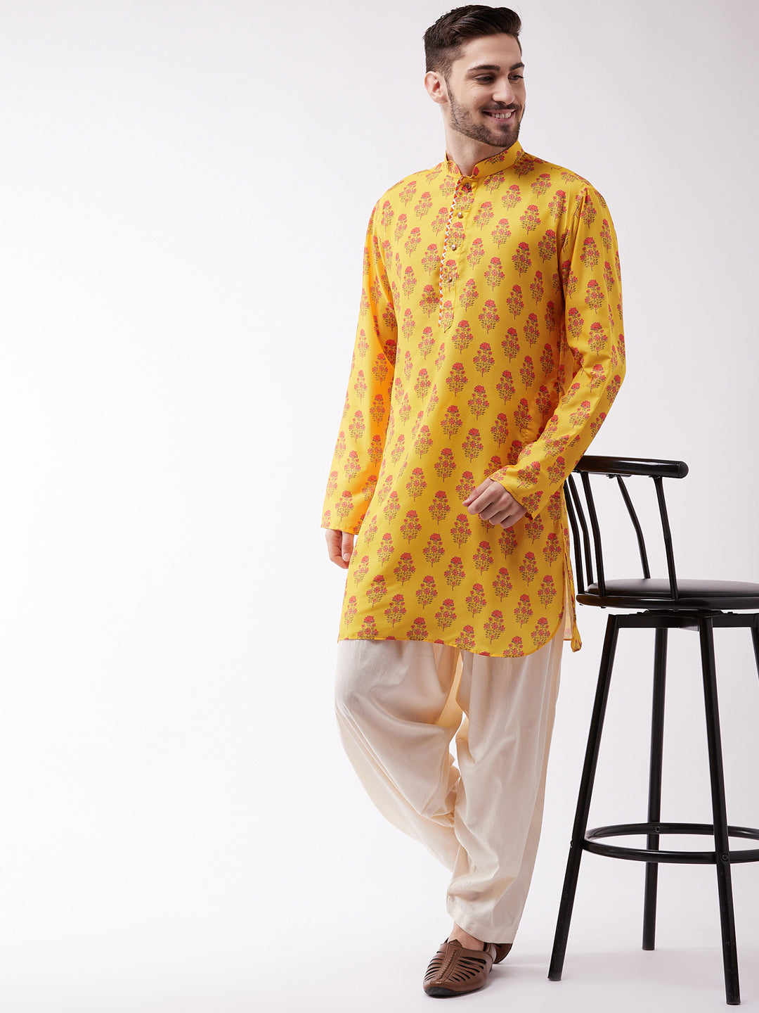 Vastramay Men's Multicolor-Base-Mustard Muslin Cotton Kurta - Distacart