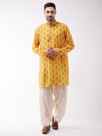 Thumbnail for Vastramay Men's Multicolor-Base-Mustard And Cream Muslin Cotton Kurta and Patiala Set - Distacart