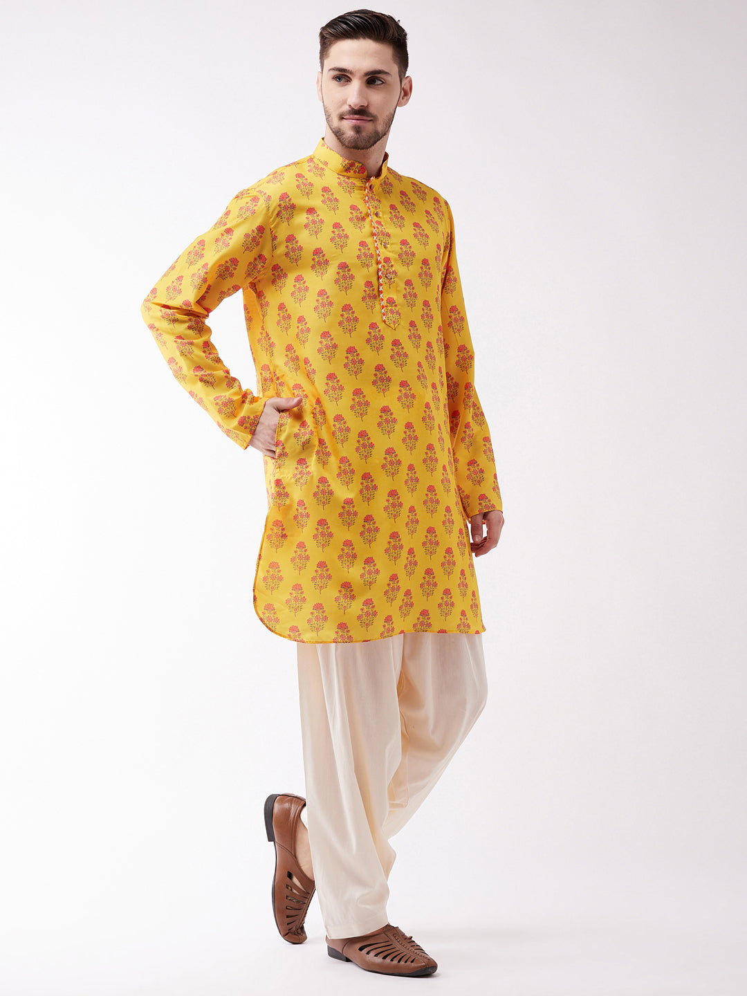 Vastramay Men's Multicolor-Base-Mustard And Cream Muslin Cotton Kurta and Patiala Set - Distacart