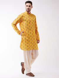 Thumbnail for Vastramay Men's Multicolor-Base-Mustard And Cream Muslin Cotton Kurta and Patiala Set - Distacart