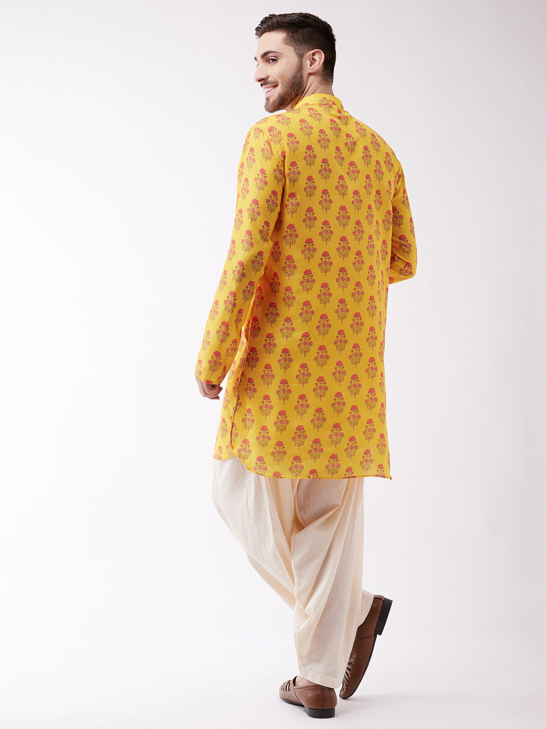 Vastramay Men's Multicolor-Base-Mustard And Cream Muslin Cotton Kurta and Patiala Set - Distacart