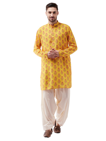 Vastramay Men's Multicolor-Base-Mustard And Cream Muslin Cotton Kurta and Patiala Set - Distacart