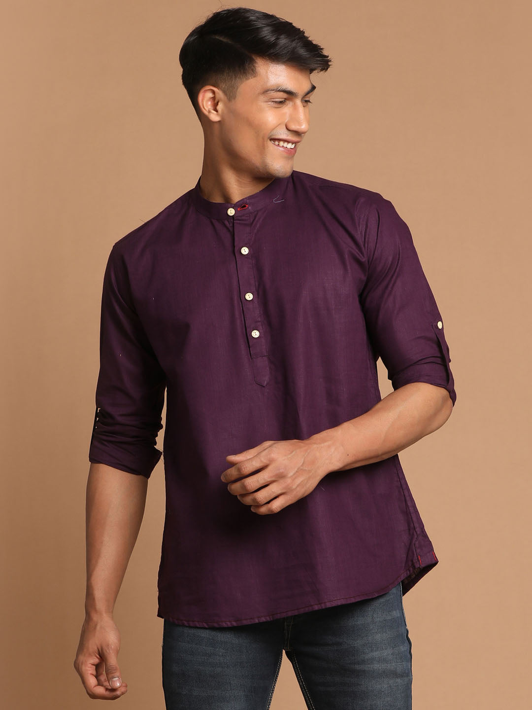 Buy Vastramay Men's Purple Cotton Blend Short Kurta Online at Best