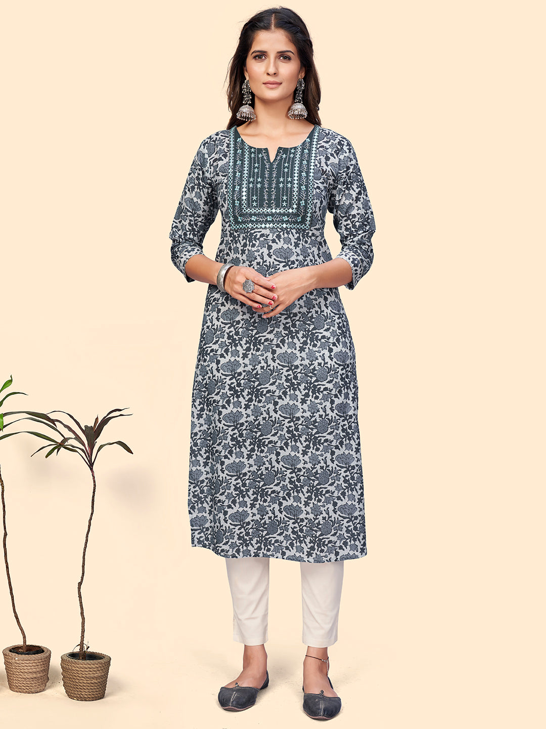 NOZ2TOZ Women's Print & Embroidered Straight Cotton Grey Stitched Kurta - Distacart