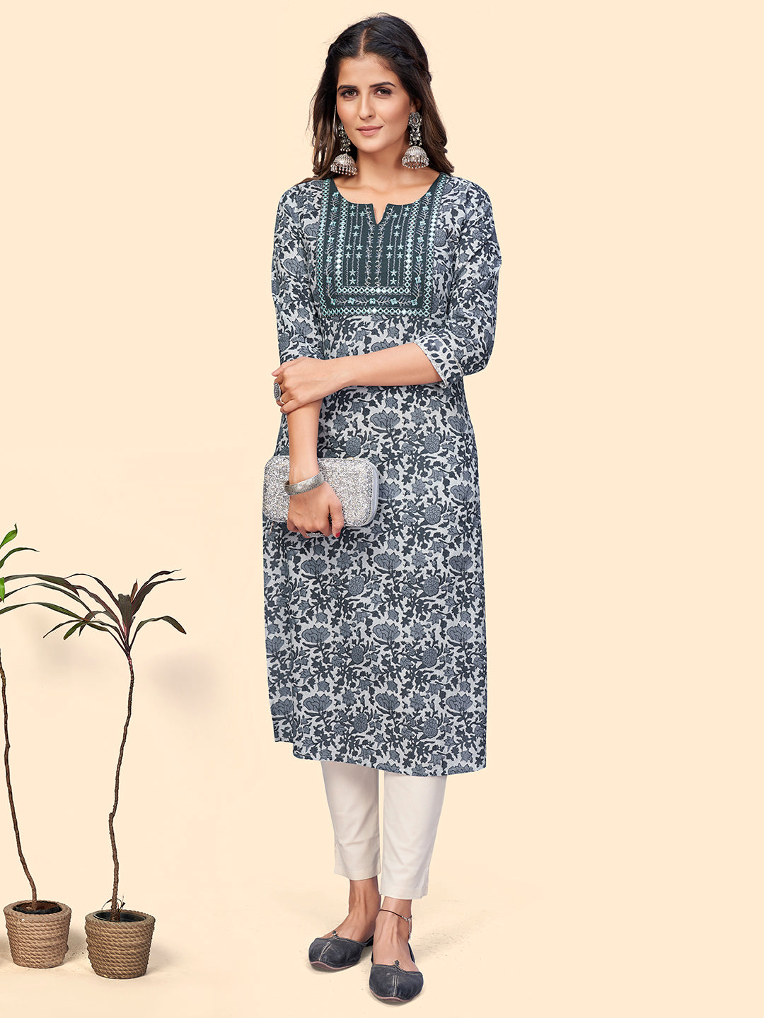 NOZ2TOZ Women's Print & Embroidered Straight Cotton Grey Stitched Kurta - Distacart