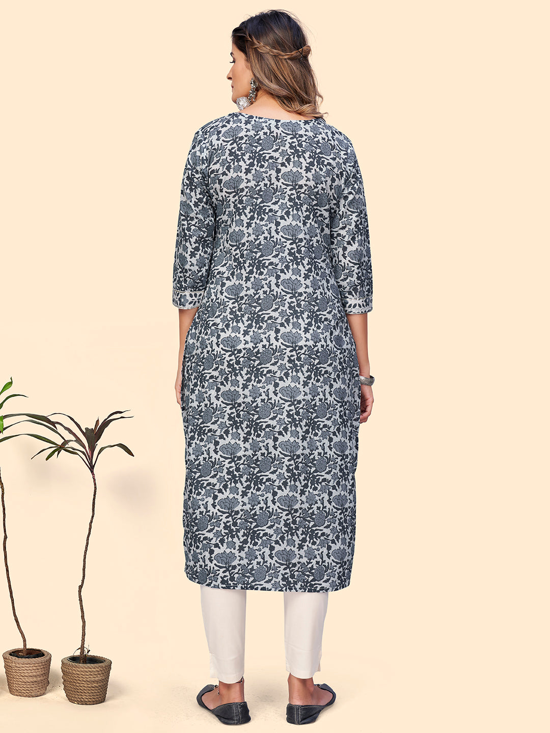 NOZ2TOZ Women's Print & Embroidered Straight Cotton Grey Stitched Kurta - Distacart